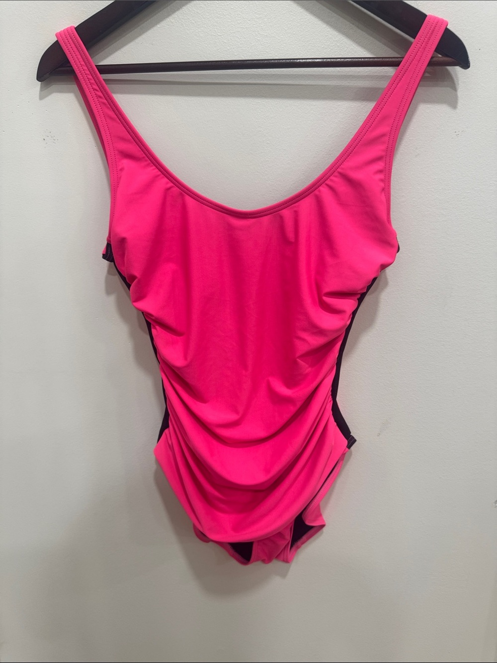 Flattering Neon DKNY Black and Hot Pink One piece swimsuit with Ruching